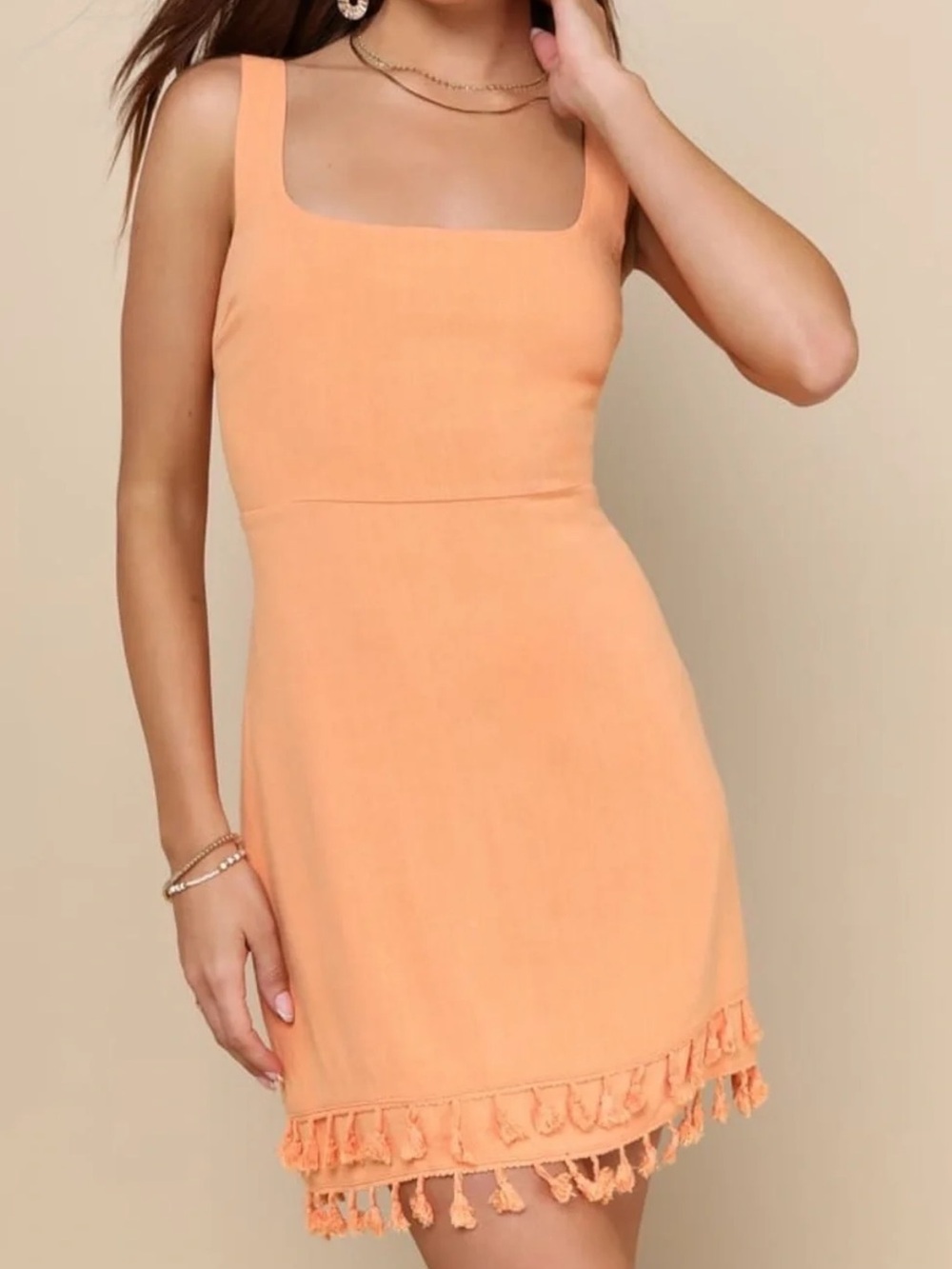 Lulu's Peach Square-Neck Tassel Mini Dress